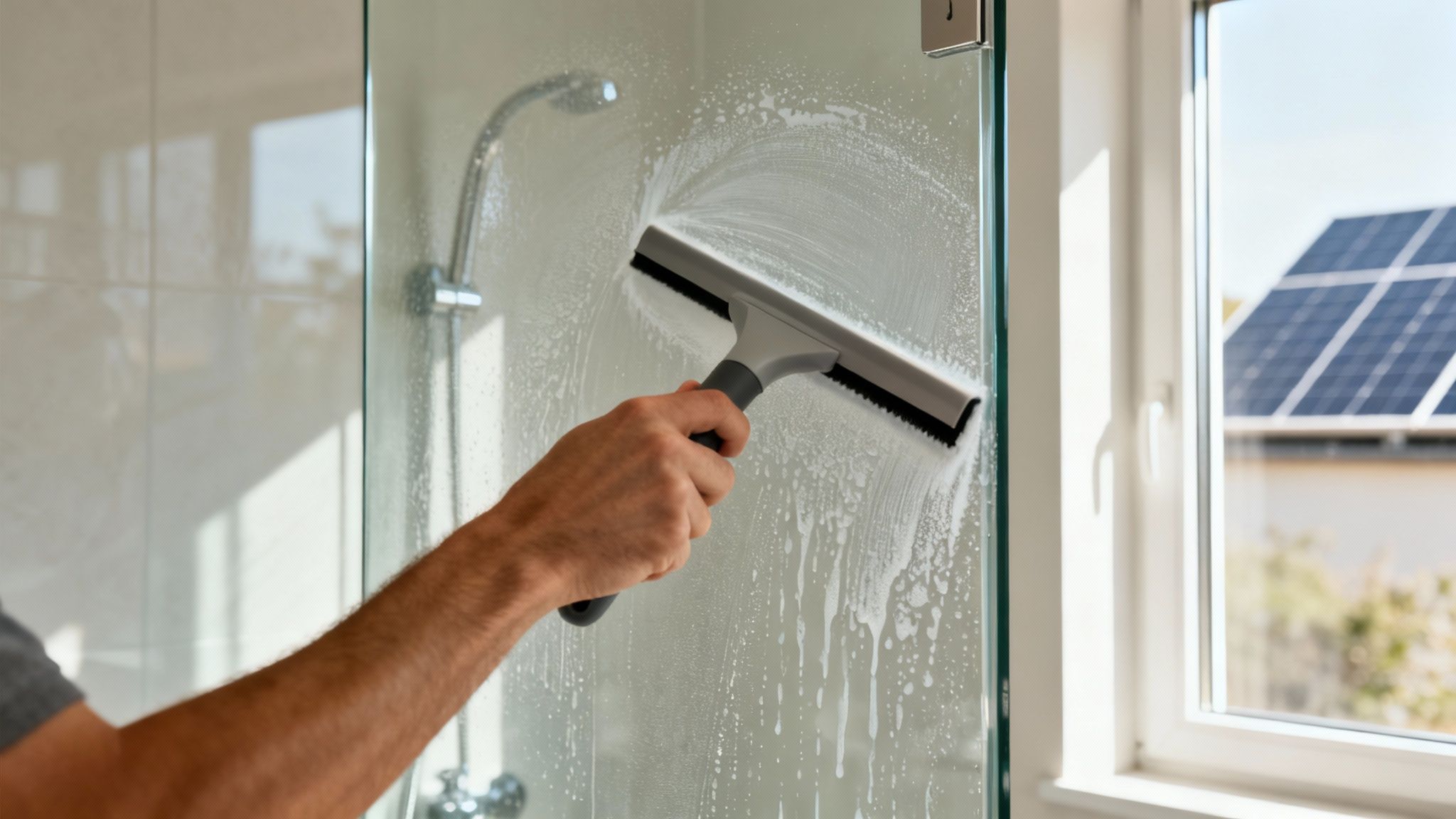 A hand uses a squeegee to clean a soapy shower glass, with solar panels visible outside.