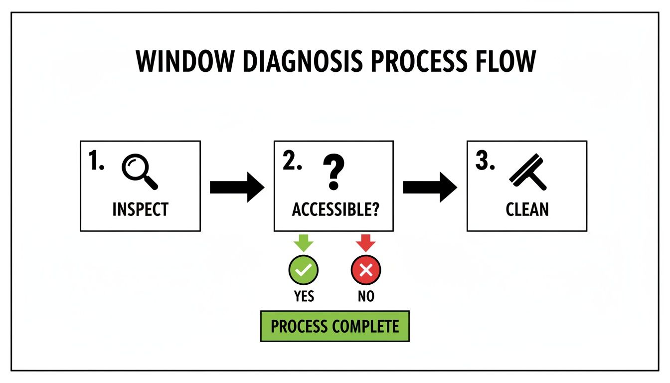 Flowchart detailing the window diagnosis process, including inspection, accessibility check, and cleaning steps.