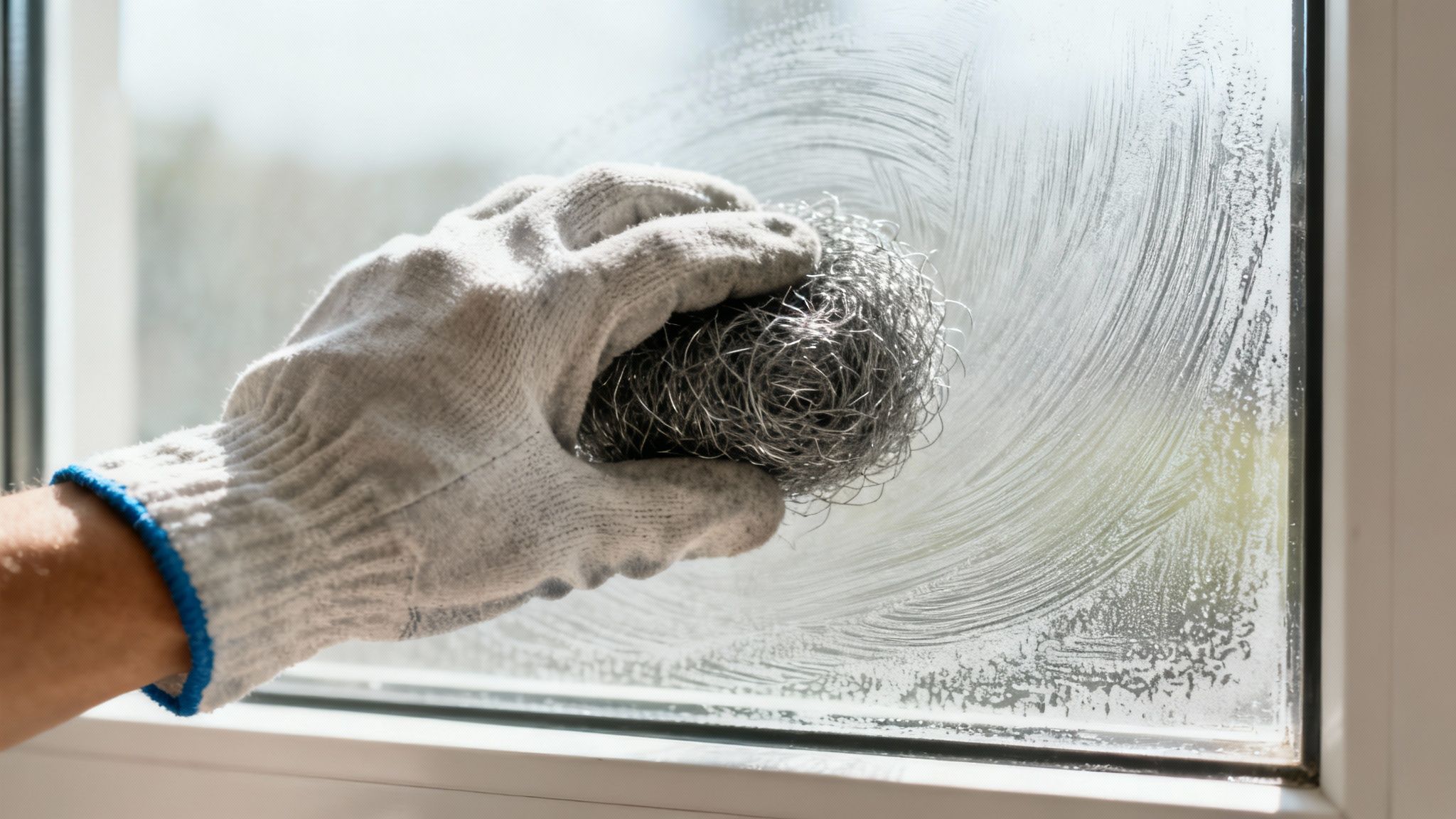 Close-up of a window with stubborn, etched-in water stains being scrubbed.