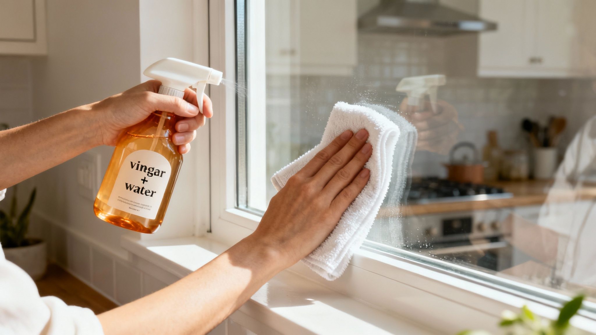 A person spraying a homemade cleaning solution onto a window with light water spots.