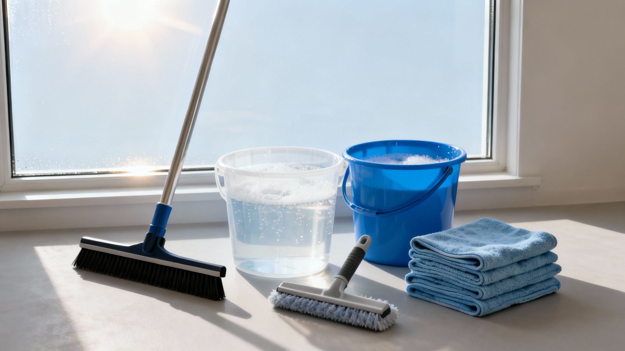 Window cleaning supplies: buckets, squeegees, and blue microfiber cloths, set up by a sunny window.
