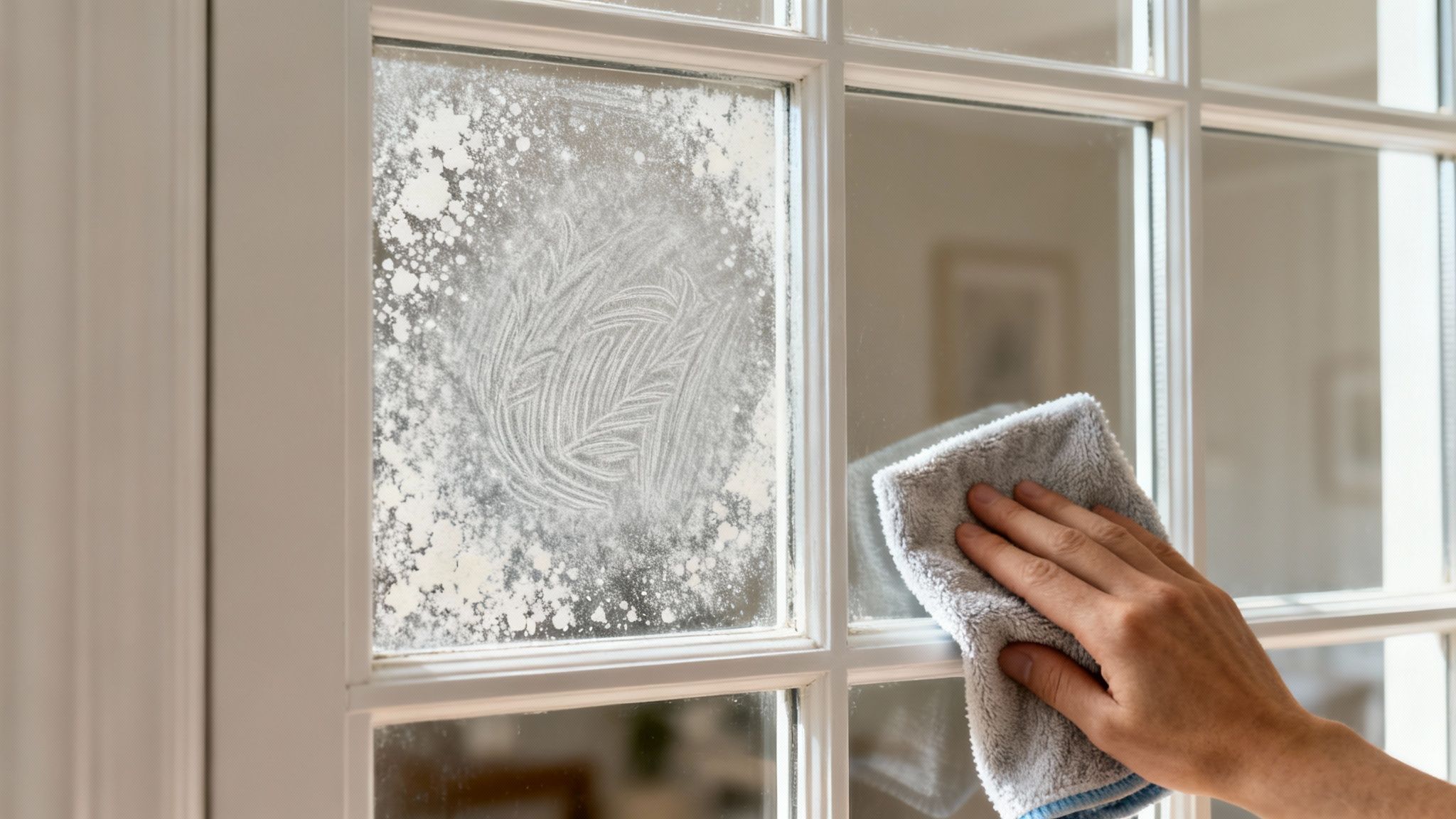 A person's hand using a grey microfiber cloth to clean a window pane, removing white residue.