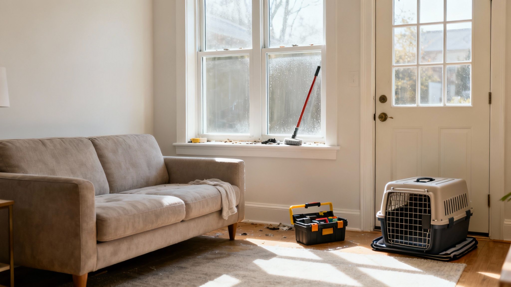 A bright living room undergoing window cleaning, with a dirty window, tools, and a pet carrier.