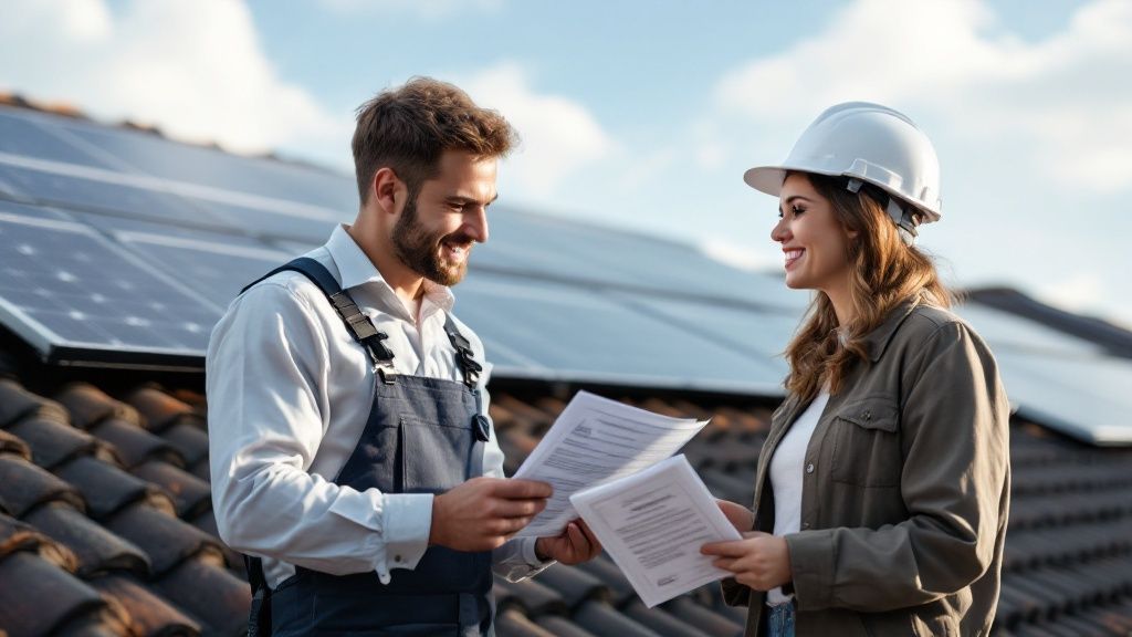 A technician carefully cleaning residential solar panels with a water-fed pole