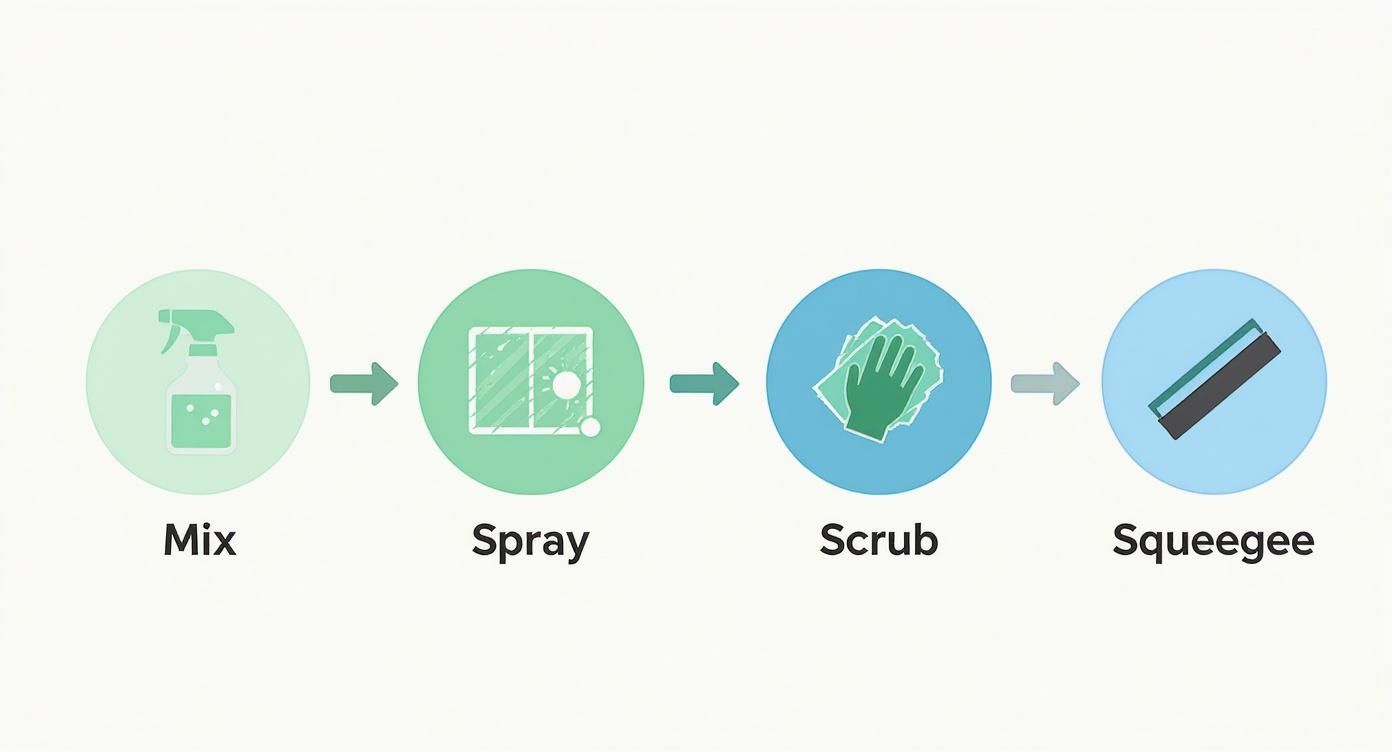 Four-step window cleaning process showing mix solution, spray window, scrub with cloth, and squeegee steps