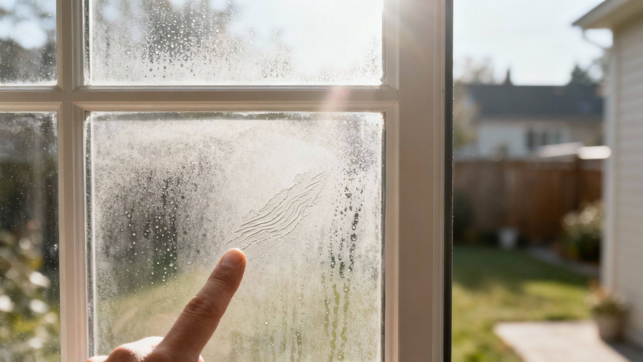 A finger wipes a dirty window, revealing hard water spots and condensation in sunlight.