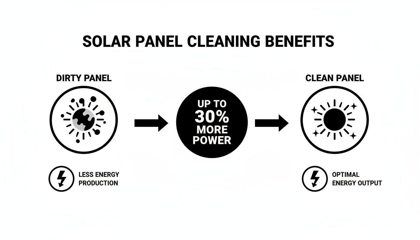 Infographic illustrating solar panel cleaning benefits, showing a dirty panel producing less energy and a clean panel producing up to 30% more.