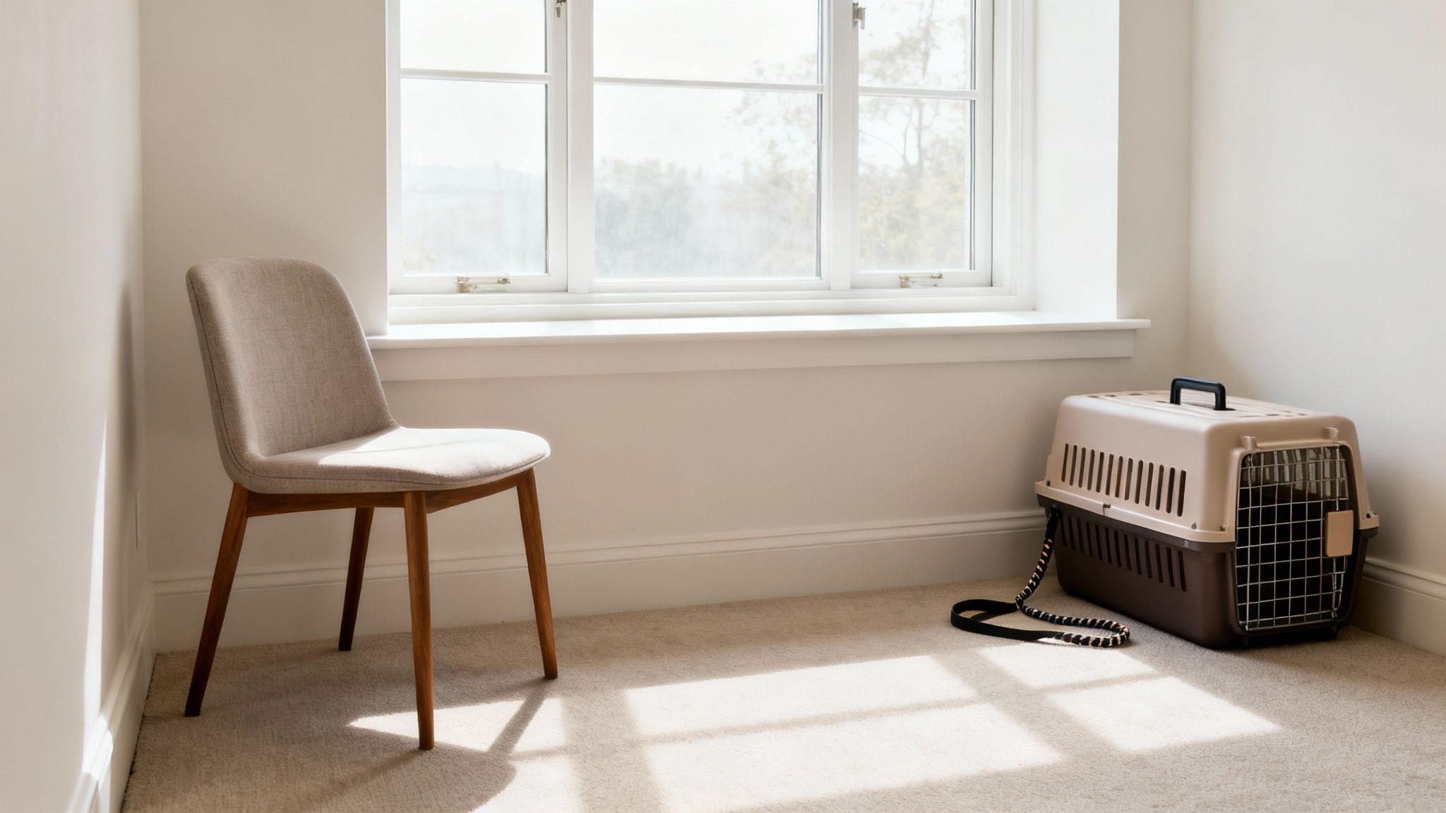 A bright, minimalist room with a chair, large window, and pet carrier on a carpeted floor.