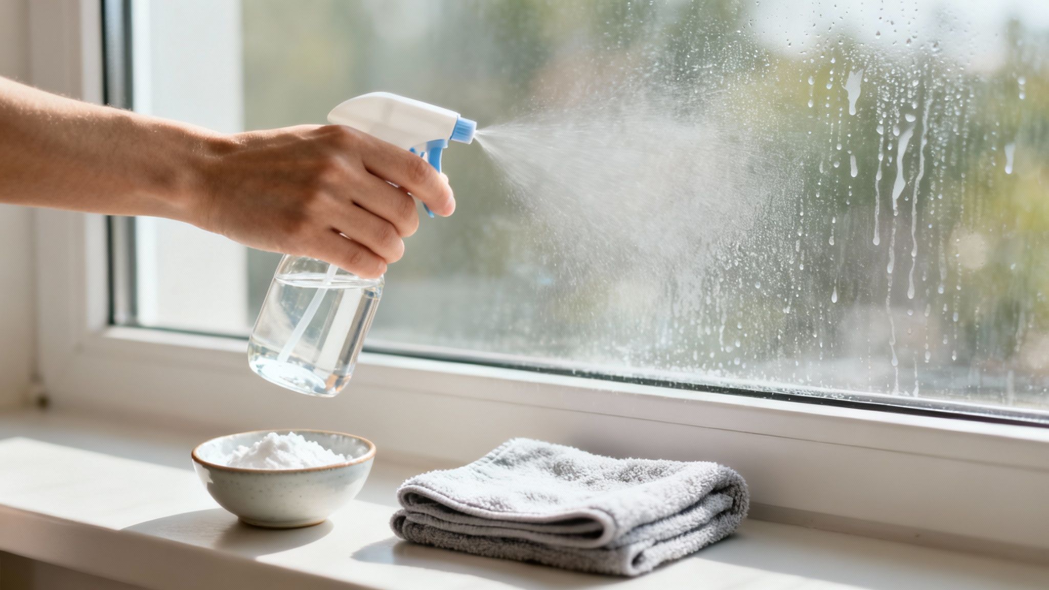 A hand sprays a homemade cleaning solution onto a window, with baking soda and a cloth on the windowsill.