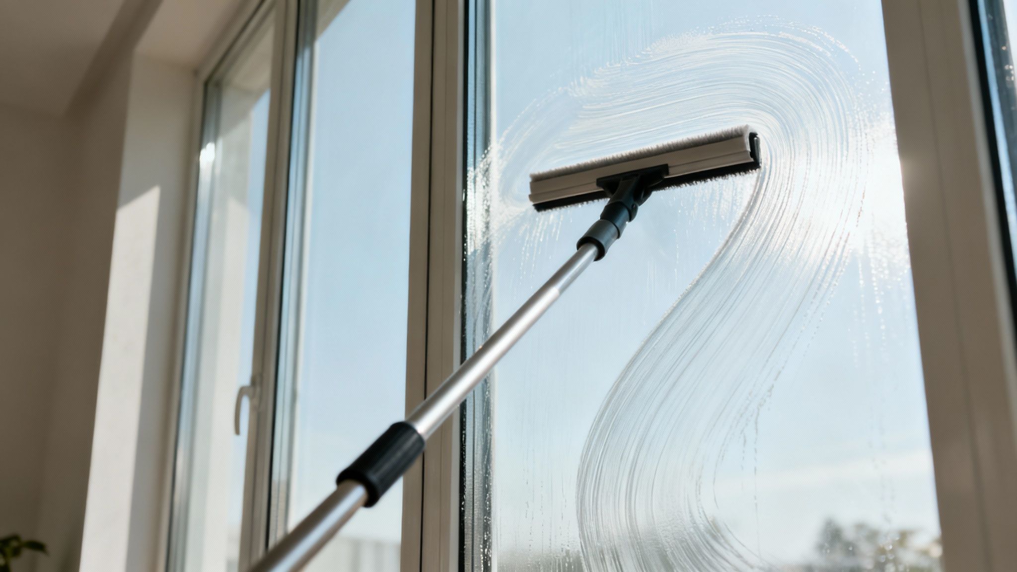 A person using a long extension pole and squeegee to clean a high window from the ground.