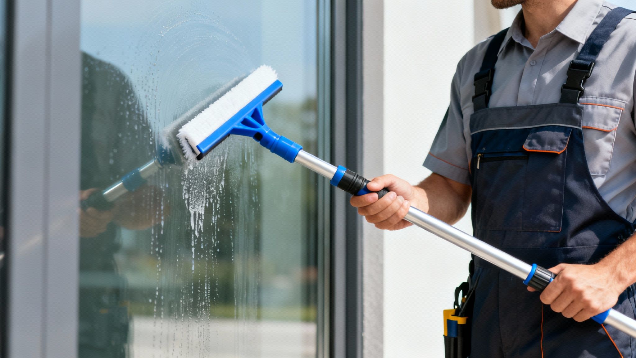 Close-up of a professional window cleaner washing a large glass window with a blue brush and suds.
