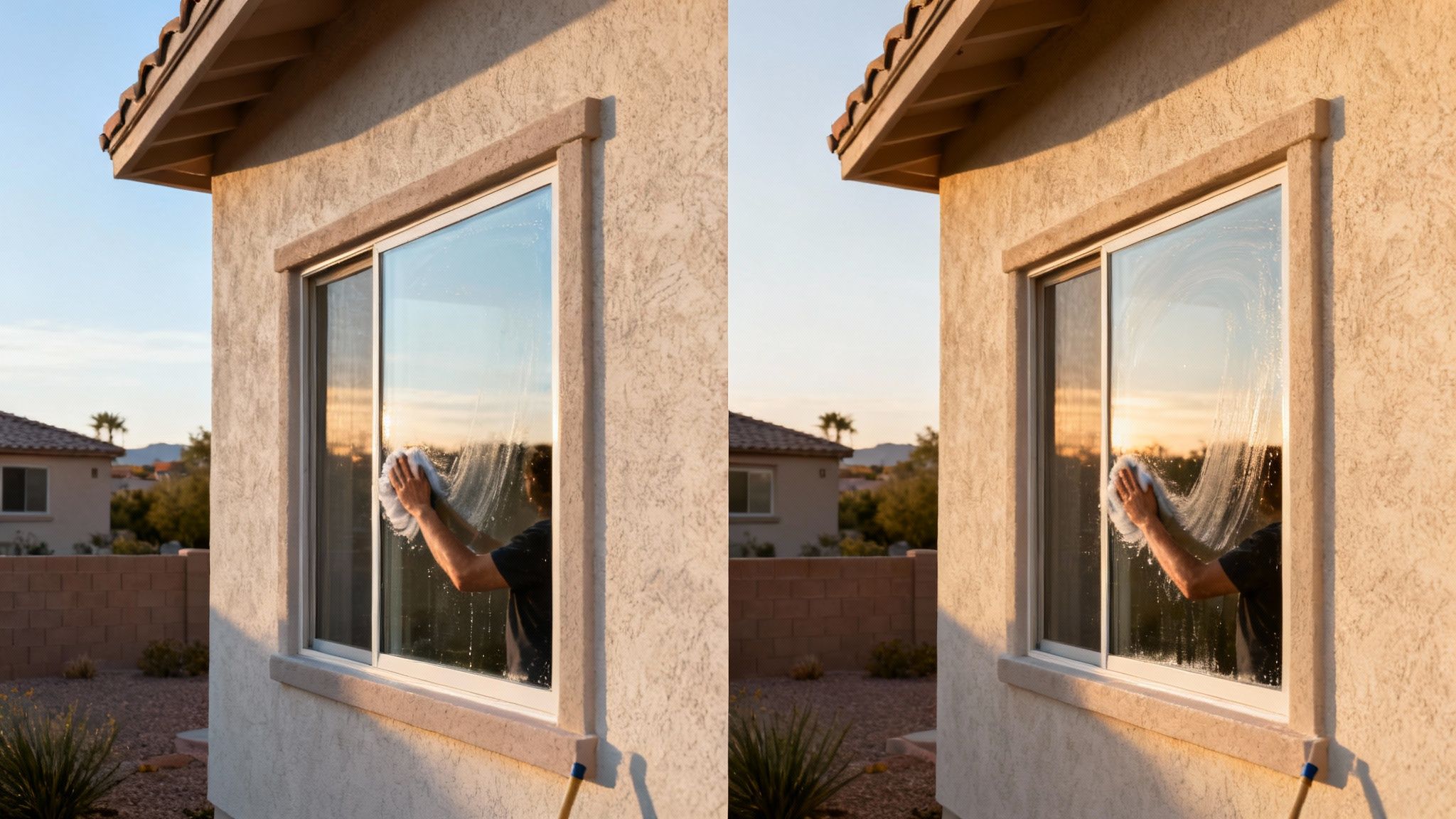 A person's arm washing a house window with a scrub brush and suds at sunset.