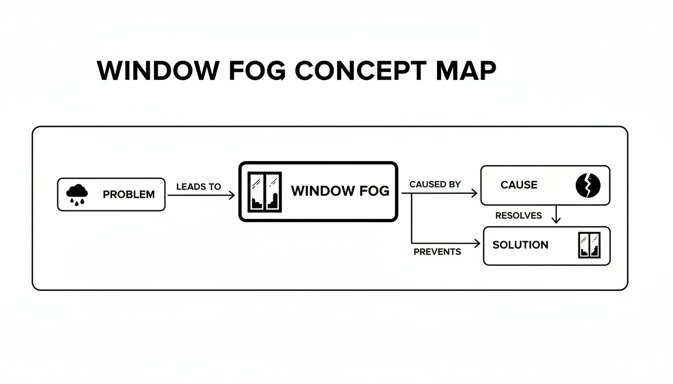 A concept map illustrating window fog as a problem, its causes, and potential solutions.
