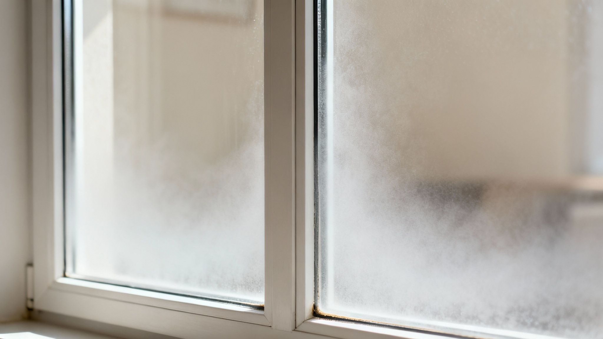 A foggy double-pane window with condensation trapped between the glass panes.