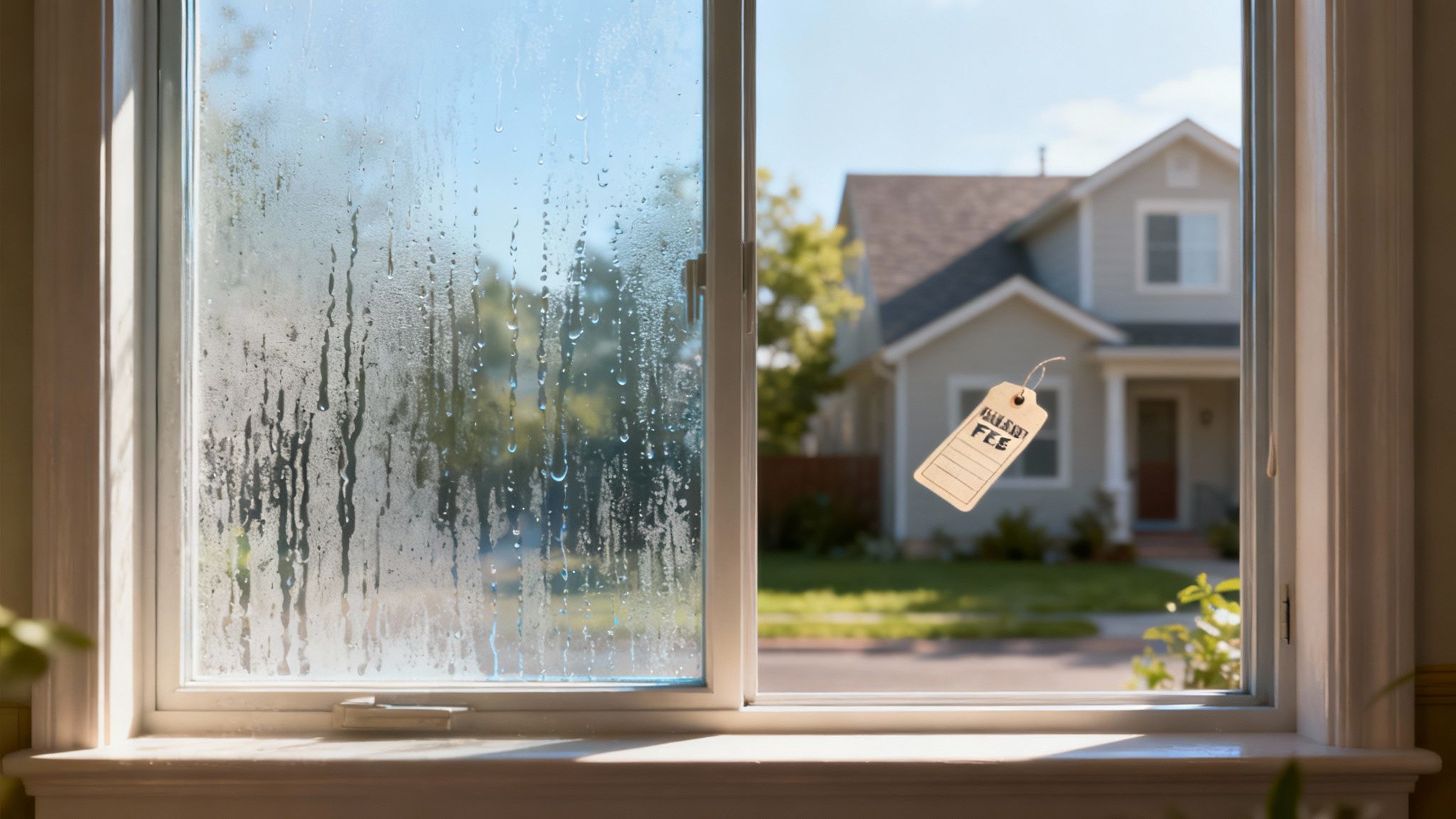 A close-up shot of a window with stubborn hard water stains, indicating a need for special cleaning services.