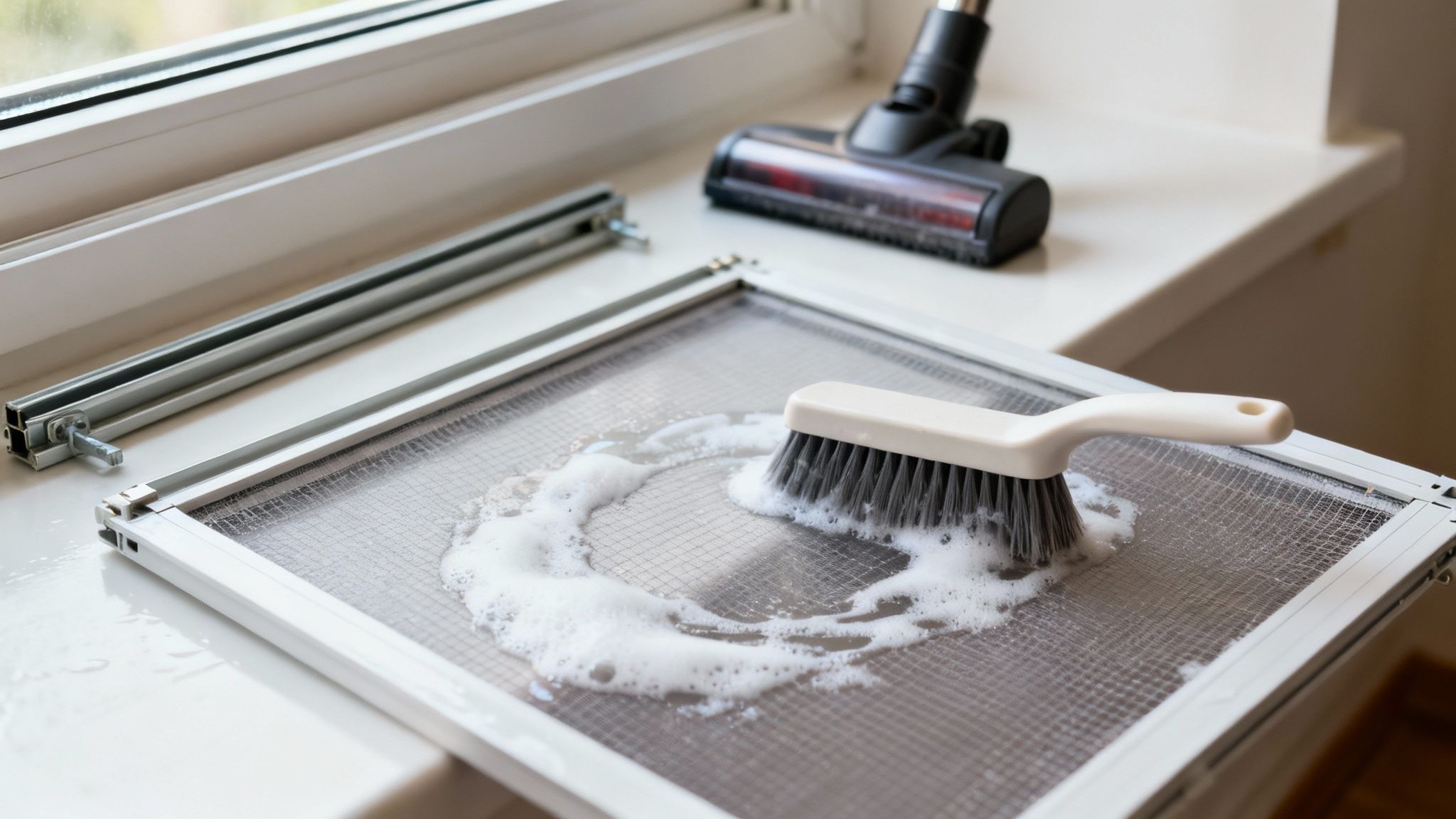 A person cleaning a dirty window screen with a brush and soapy water on a windowsill.