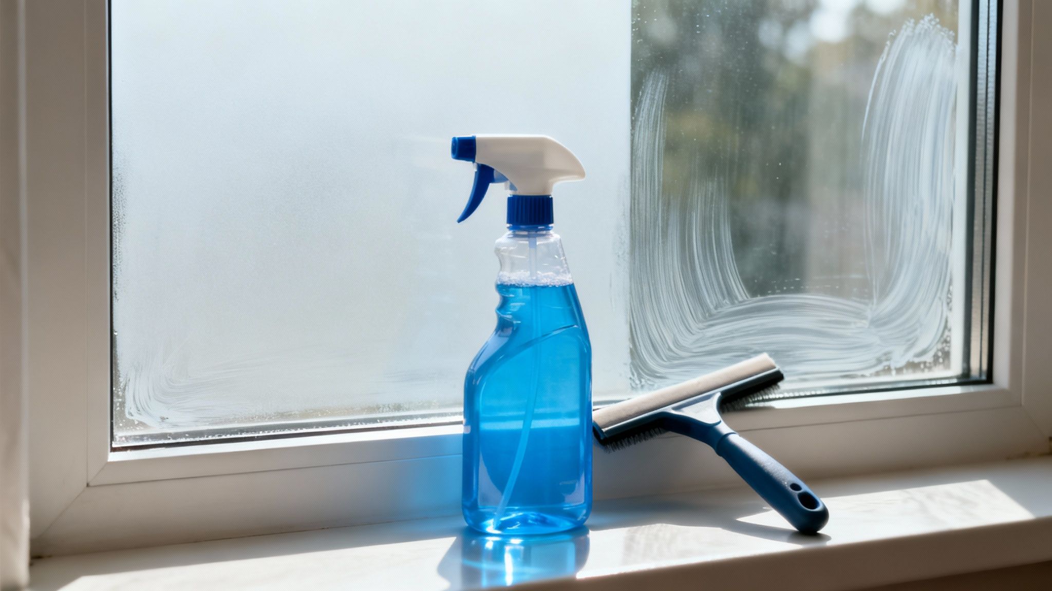 A blue spray bottle of window cleaner and a squeegee on a windowsill with a partially cleaned window.