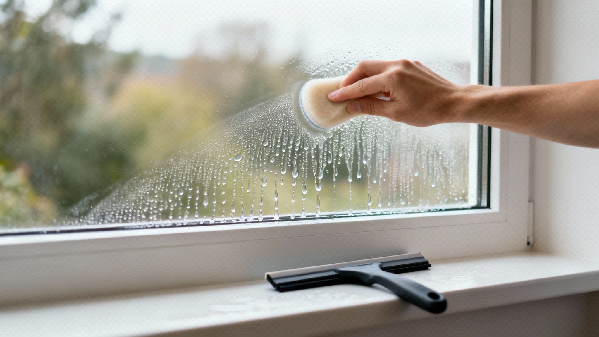 A crystal-clear window with a squeegee resting on the sill, implying recent cleaning.
