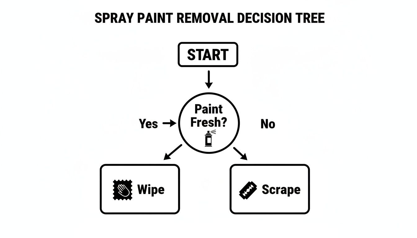 A spray paint removal decision tree flowchart, instructing to wipe fresh paint and scrape dried paint.