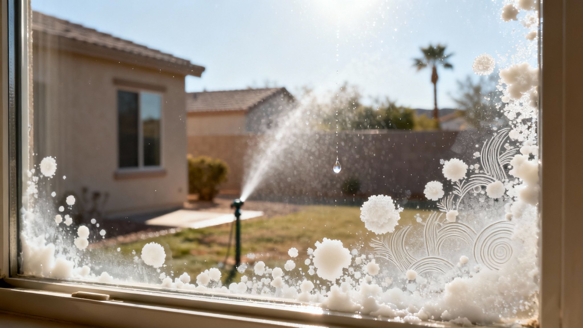 Close-up of a window covered in hard water stains, with a sprinkler and backyard visible outside.