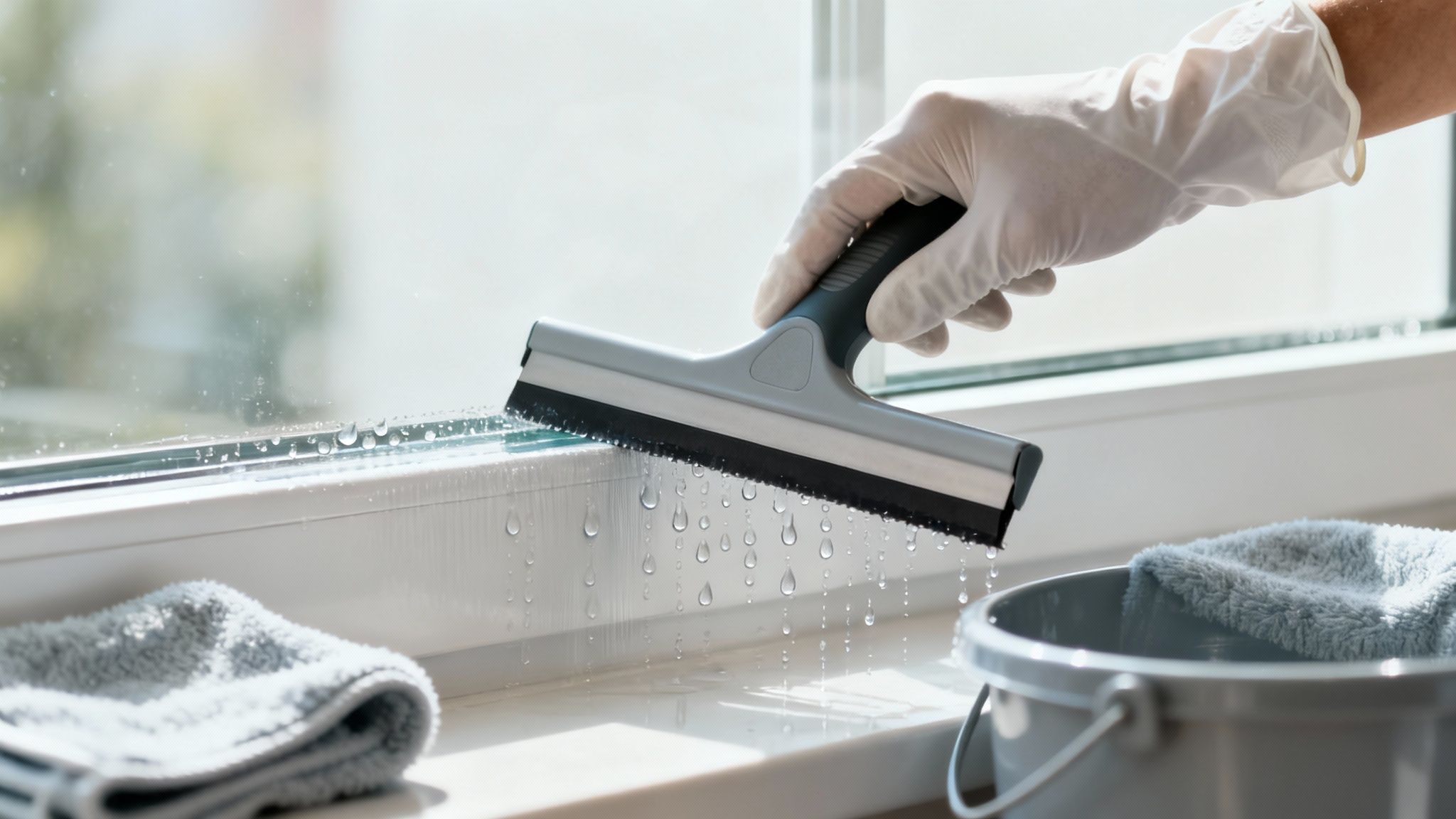 A person professionally cleaning a large window with a squeegee, demonstrating a streak-free technique.