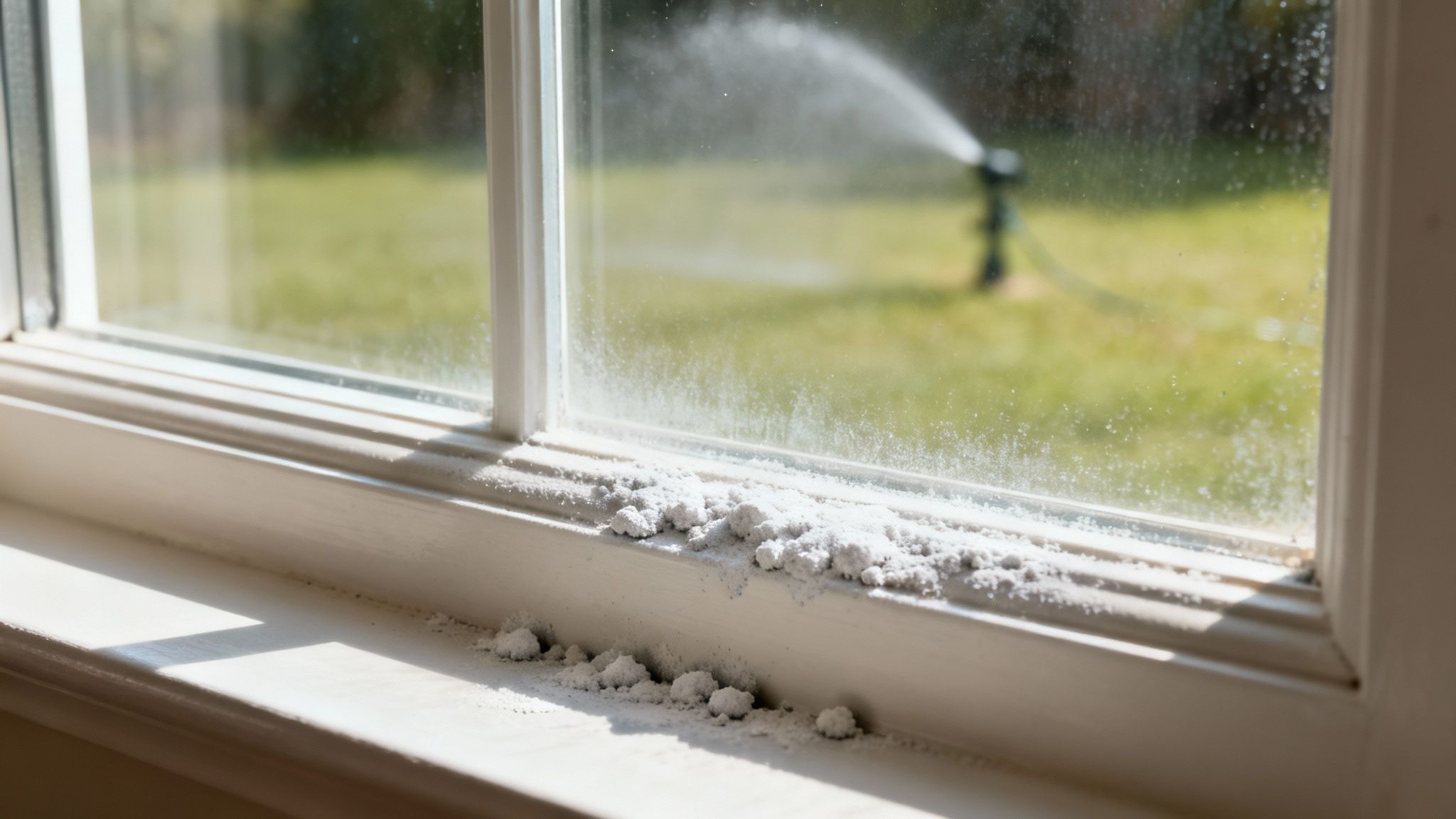A window covered in hard water spots, with a clear sky visible in the background.
