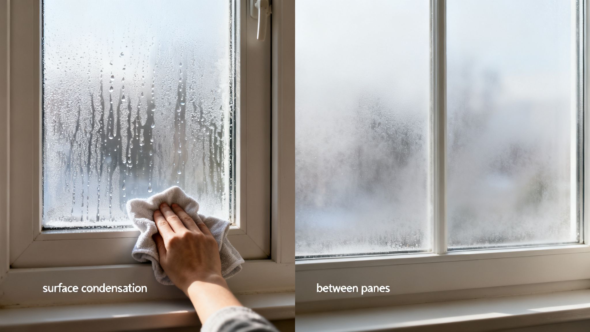 A hand wiping surface condensation from a window, next to a window with fogging between panes.