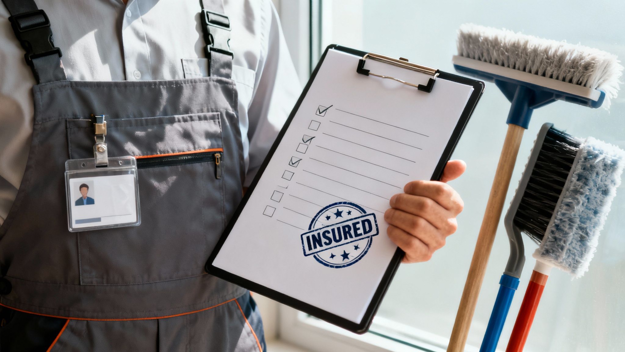 Professional cleaner displays an insured checklist, highlighting service quality and trust.