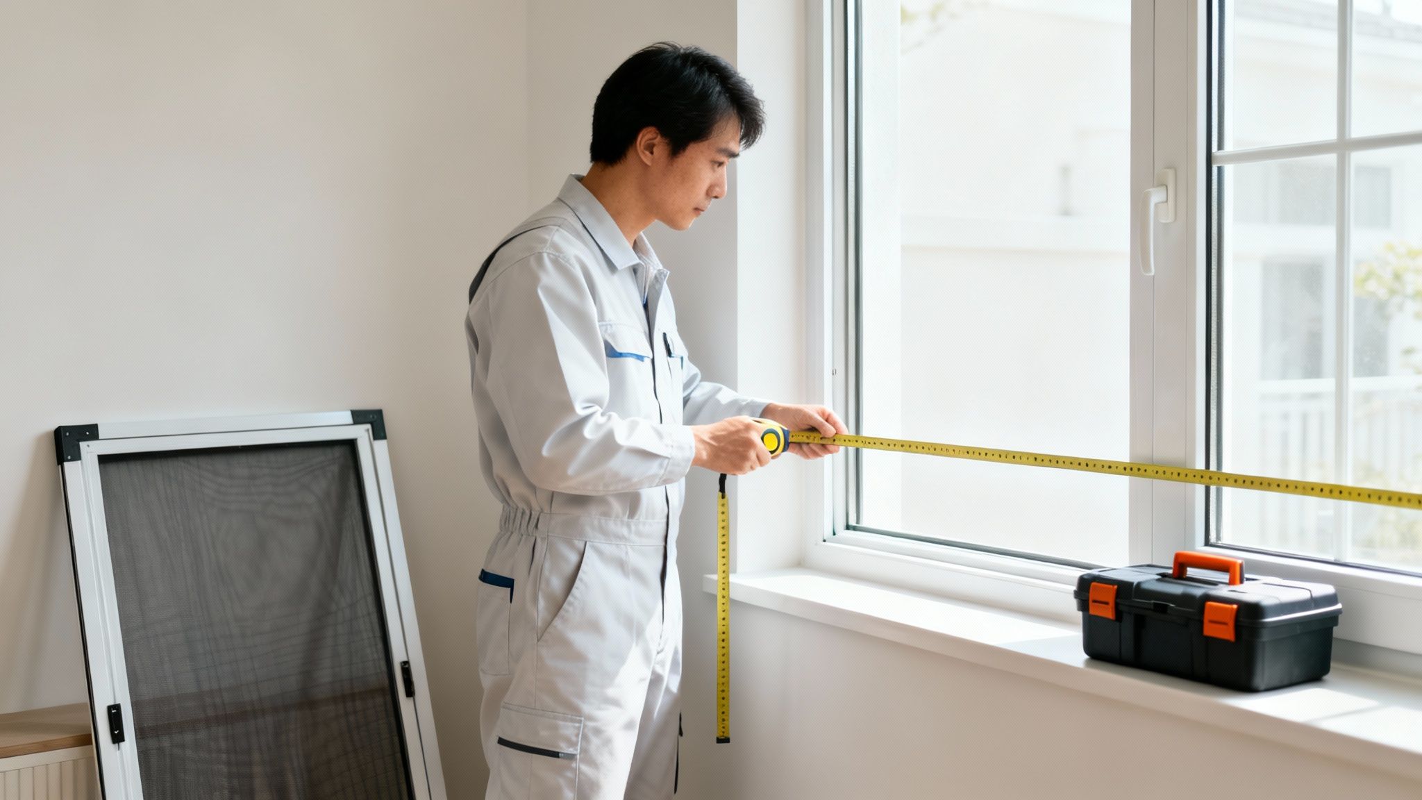A technician in a jumpsuit measures a window for a screen replacement, with a new screen and toolbox nearby.