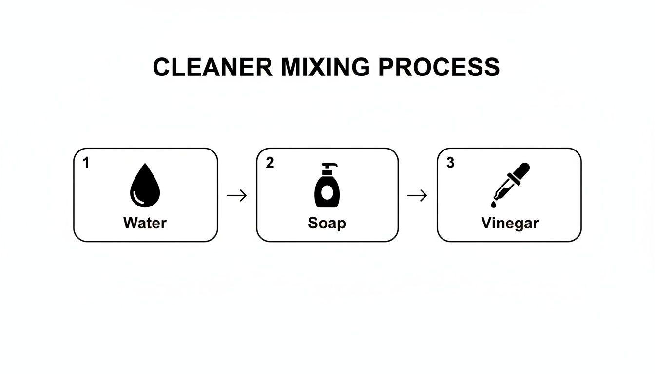 Diagram illustrating a cleaner mixing process with water, soap, and vinegar in three sequential steps.