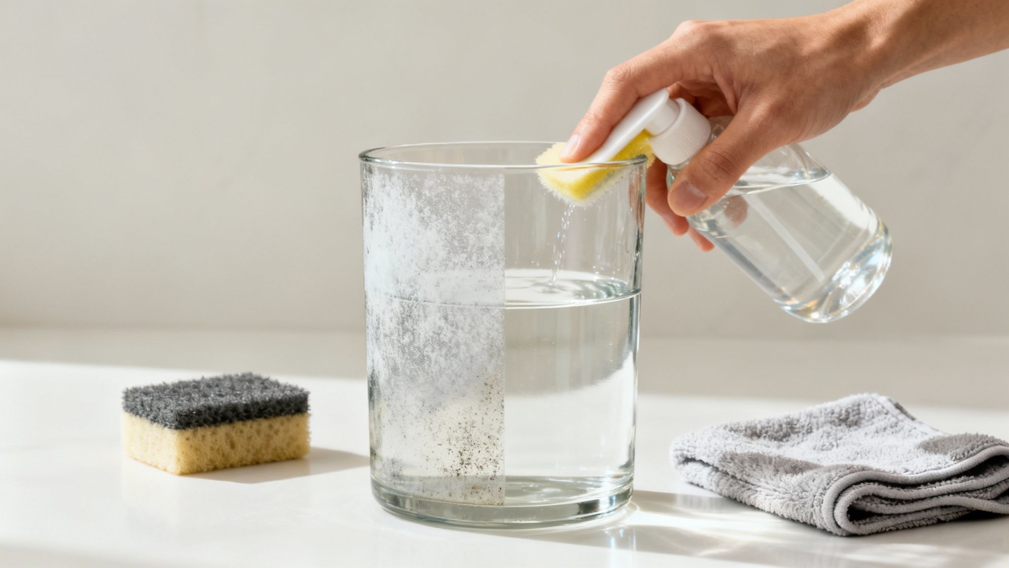 A person using a special solution to clean hard water stains off a window