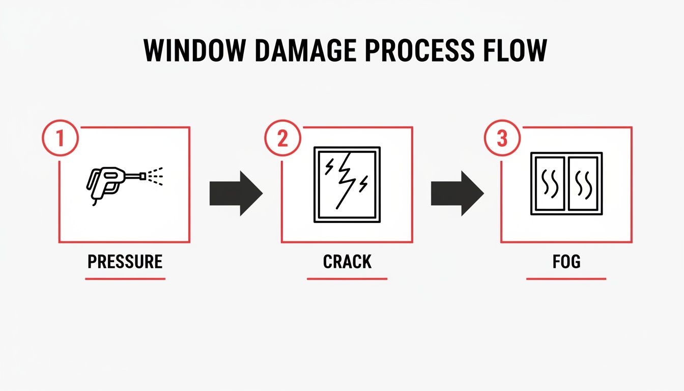 A process flow diagram showing window damage from pressure washing, leading to cracks and internal fogging.