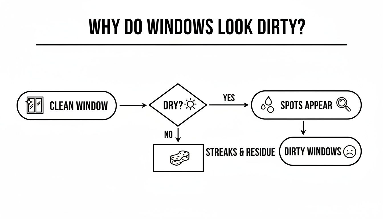 A flowchart titled 'WHY DO WINDOWS LOOK DIRTY?' explaining how clean windows become dirty.