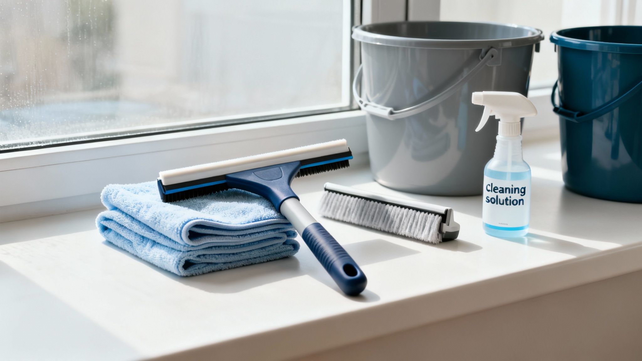 Window cleaning supplies including a squeegee, blue microfiber towels, spray bottle, and buckets on a windowsill.