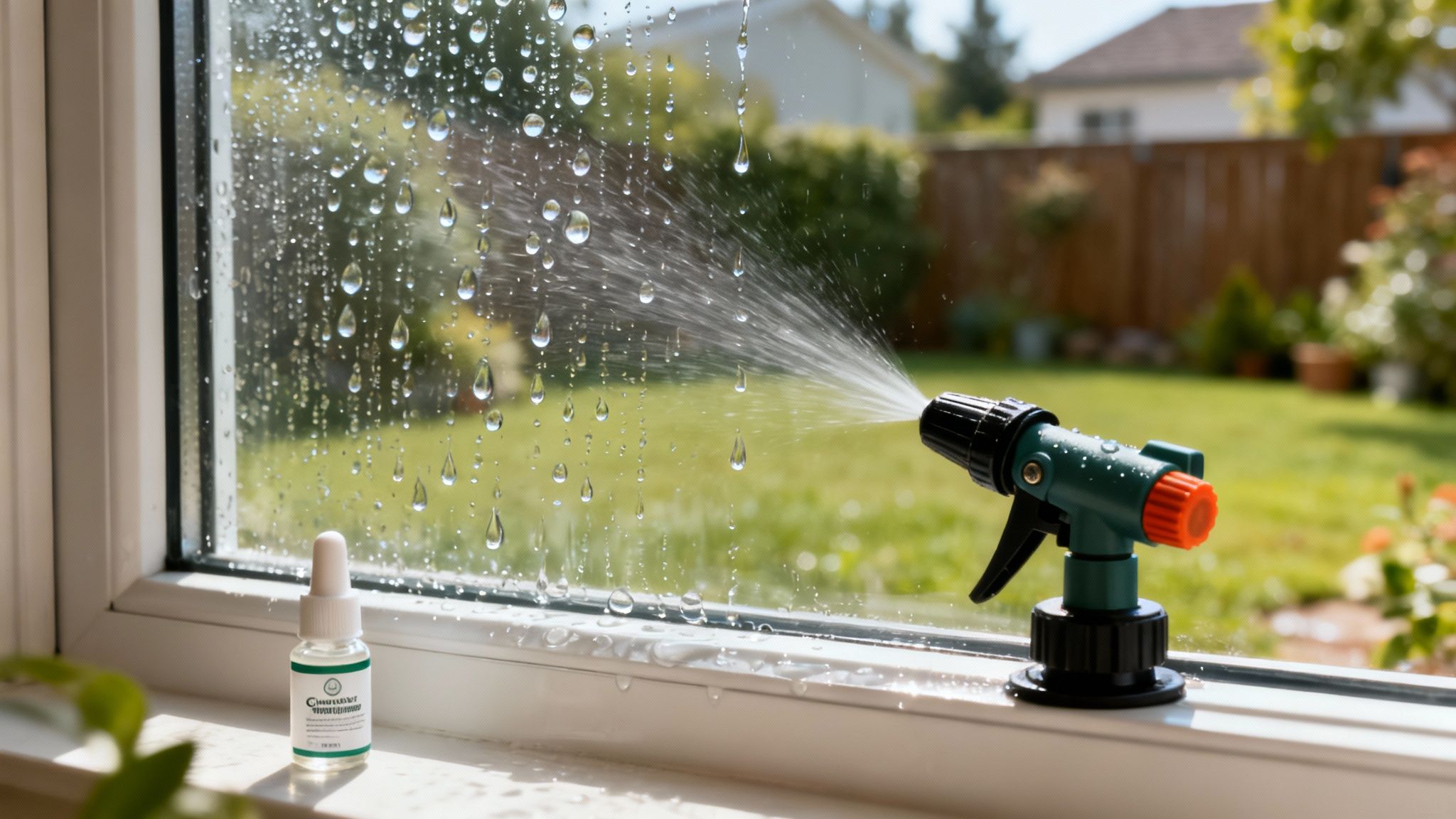 A window pane covered in water droplets being sprayed, with a small dropper bottle on the windowsill.