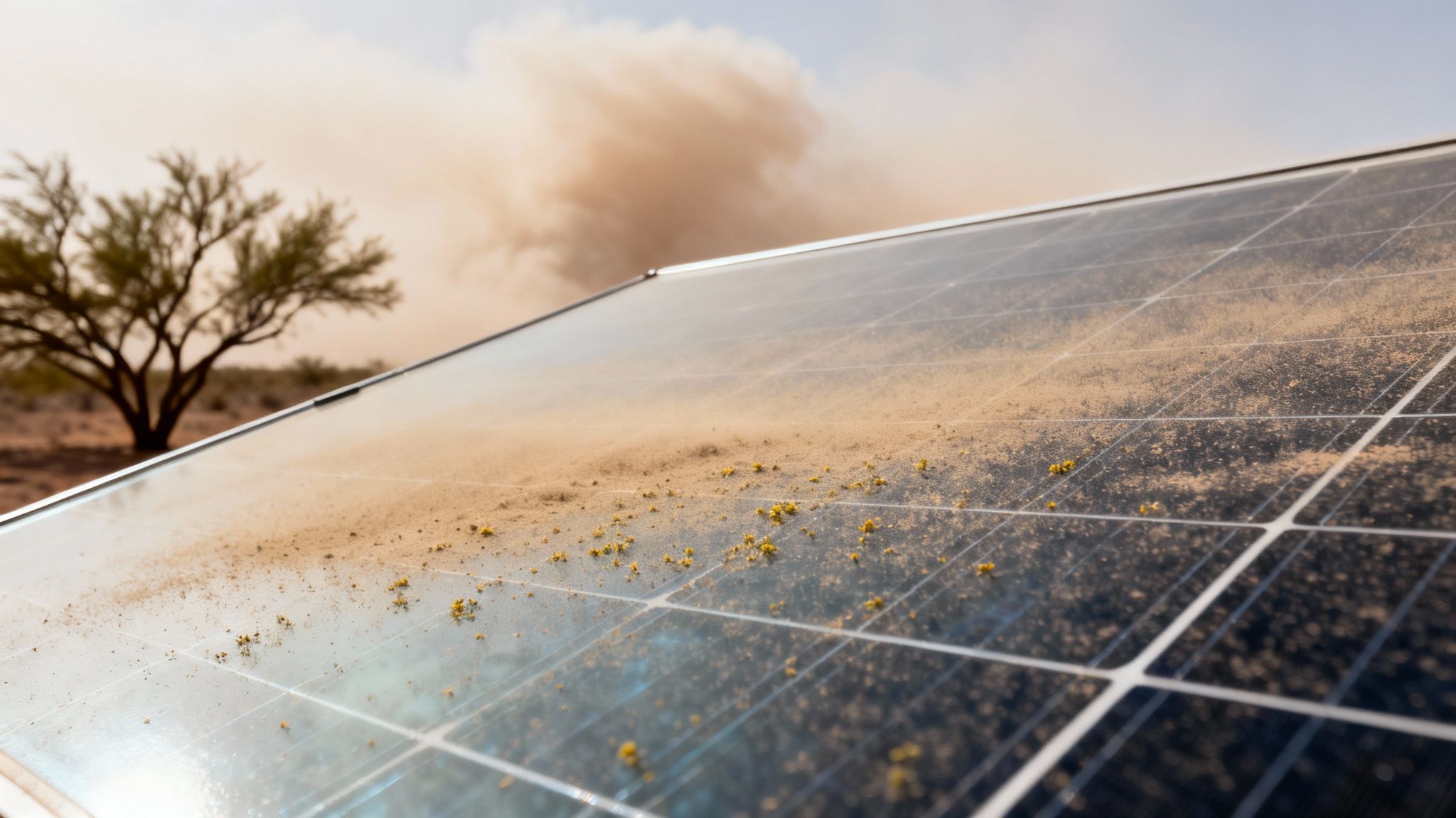 A solar panel covered in sand and yellow pollen, with a dust storm in the desert background.