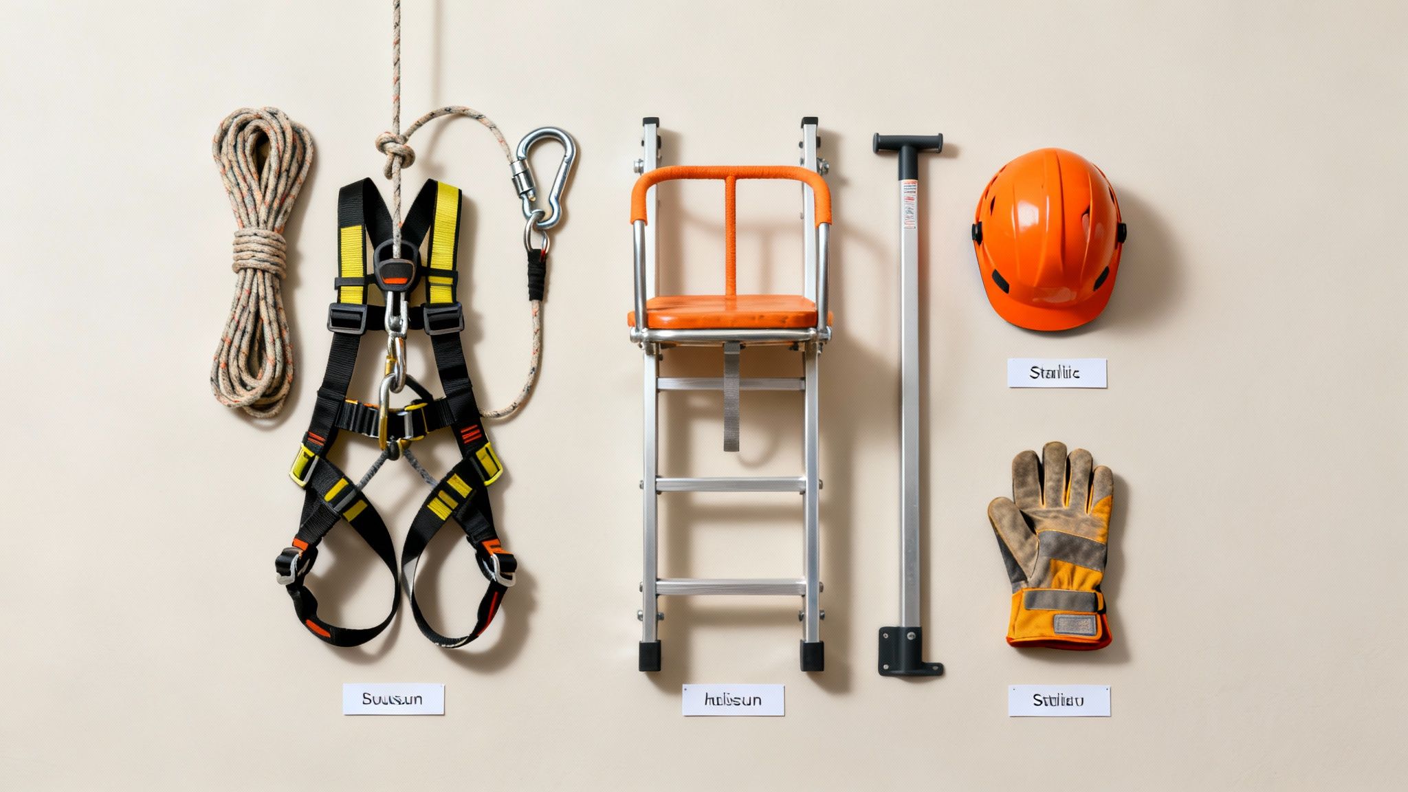 A flat lay of professional safety equipment including a harness, rope, ladder, hard hat, and work gloves.