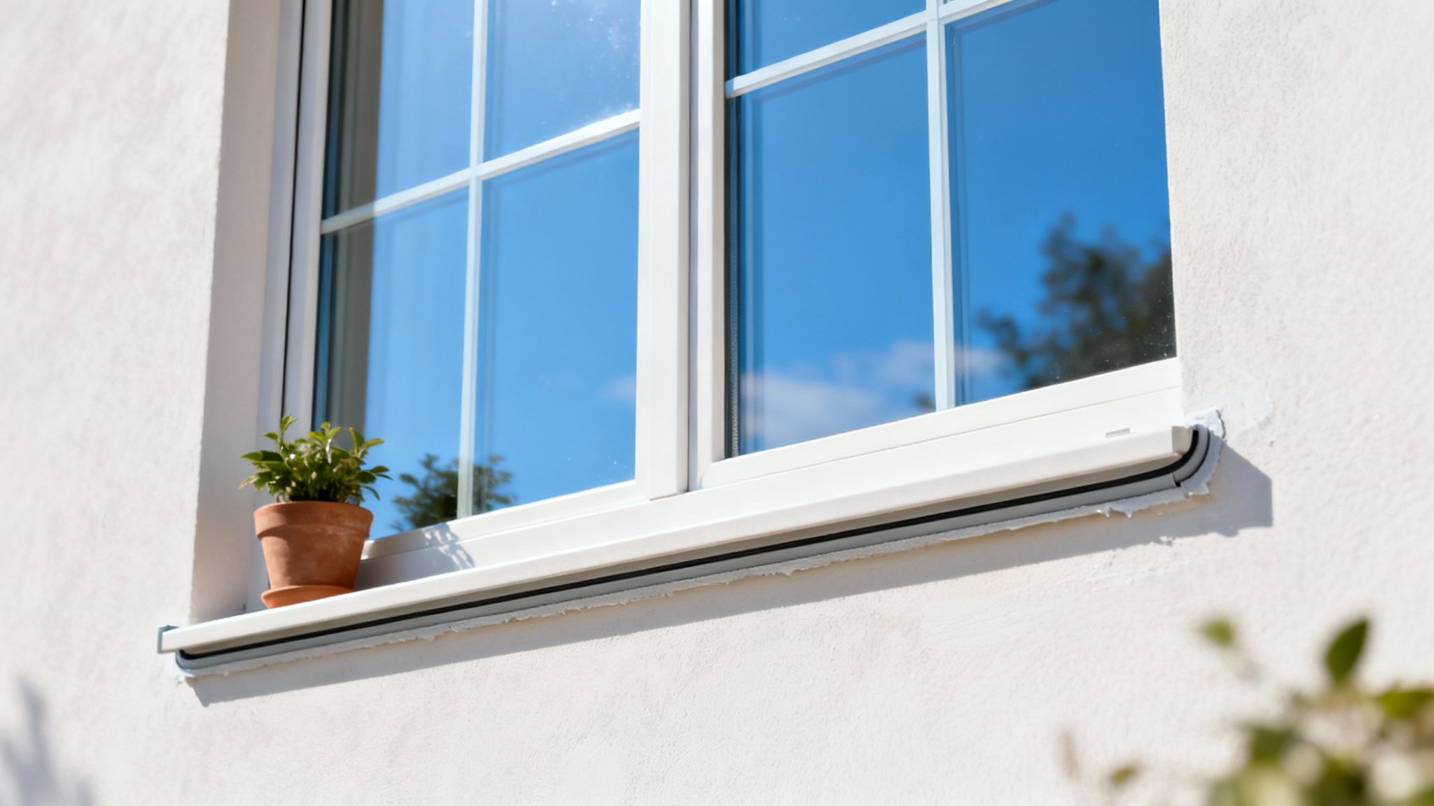 A bright white window with multiple panes, reflecting a blue sky, and a potted plant on the sill.