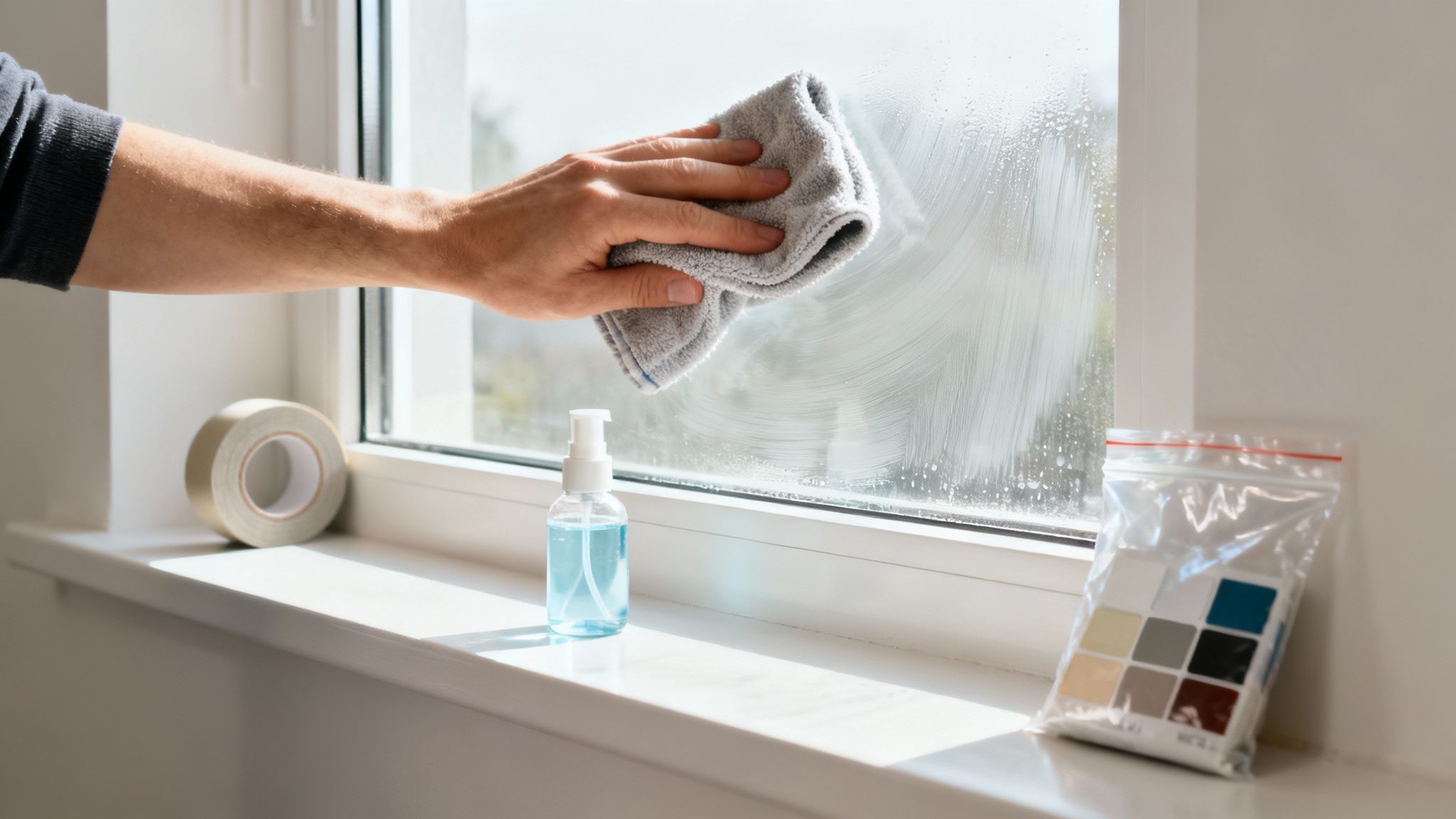 Person cleaning paint off glass window with cloth and cleaning solution on windowsill