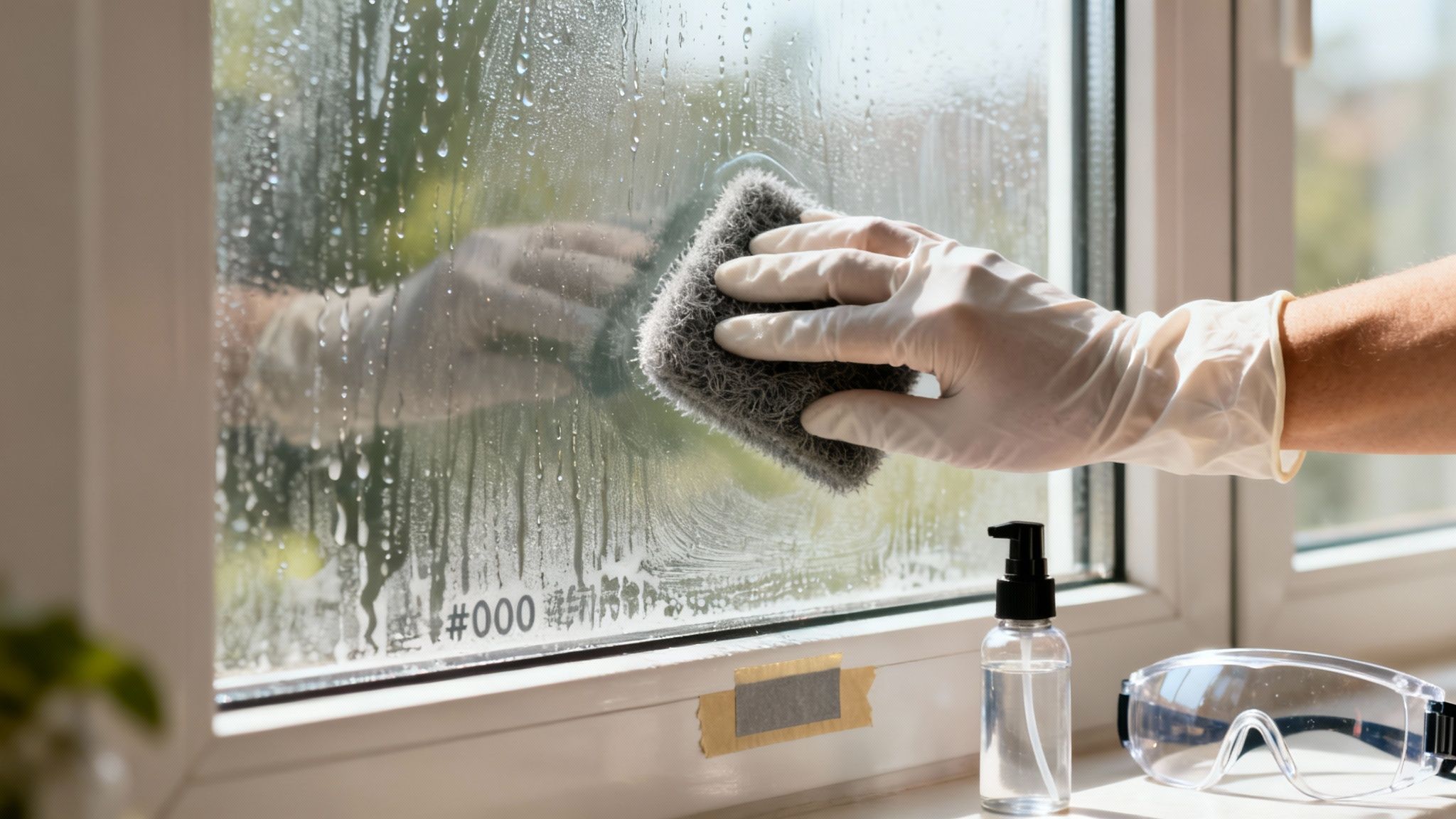Person in a white glove cleaning a wet window with a scrub sponge, with cleaner and safety glasses.