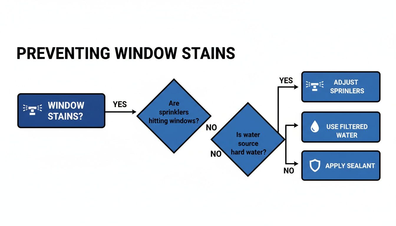 Flowchart demonstrating steps and solutions for preventing water stains on windows.