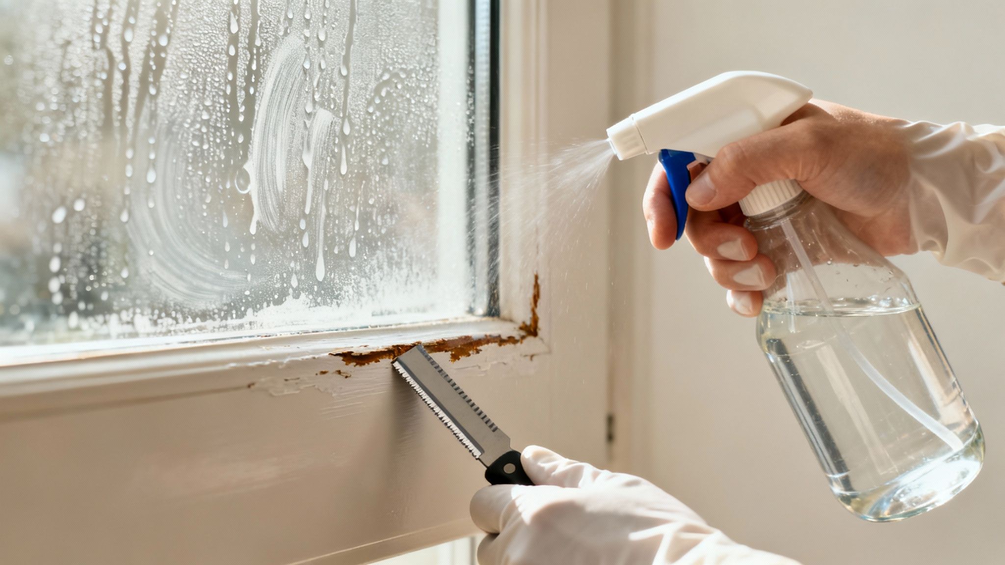 A person wearing gloves sprays a window with cleaner while scraping peeling paint from the wooden frame.