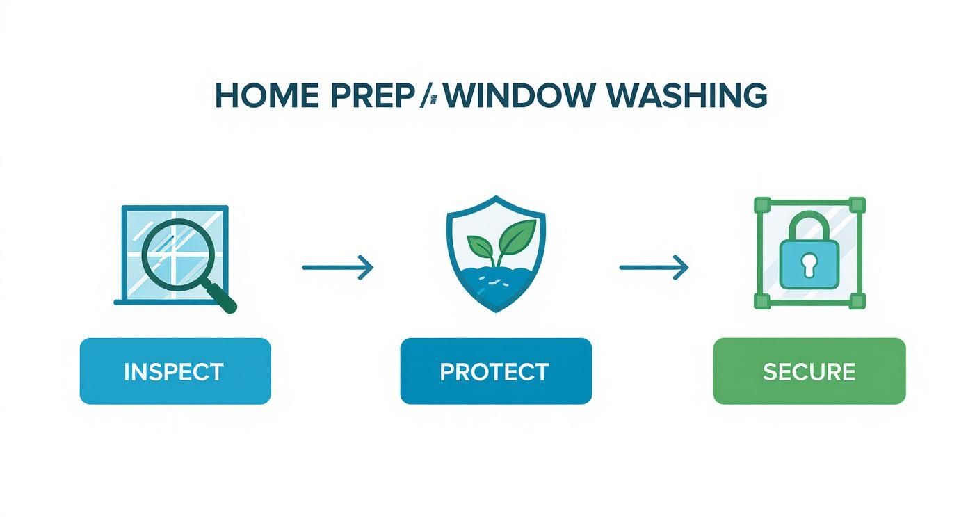 Infographic showing the home prep process for window washing with icons for Inspect, Protect, and Secure.