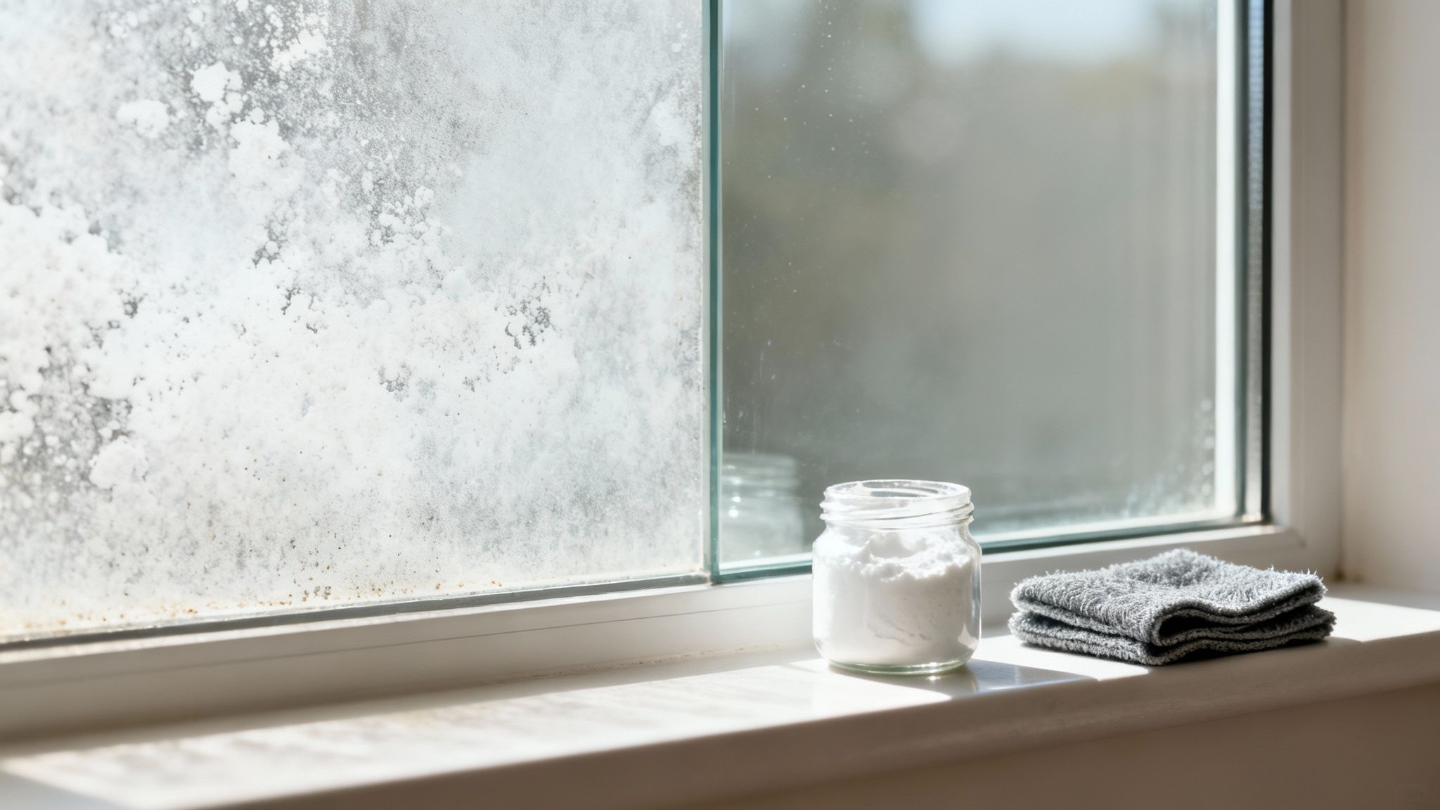 A dirty cloudy windowpane contrasts with a cleaner one, with baking soda and a cloth ready.