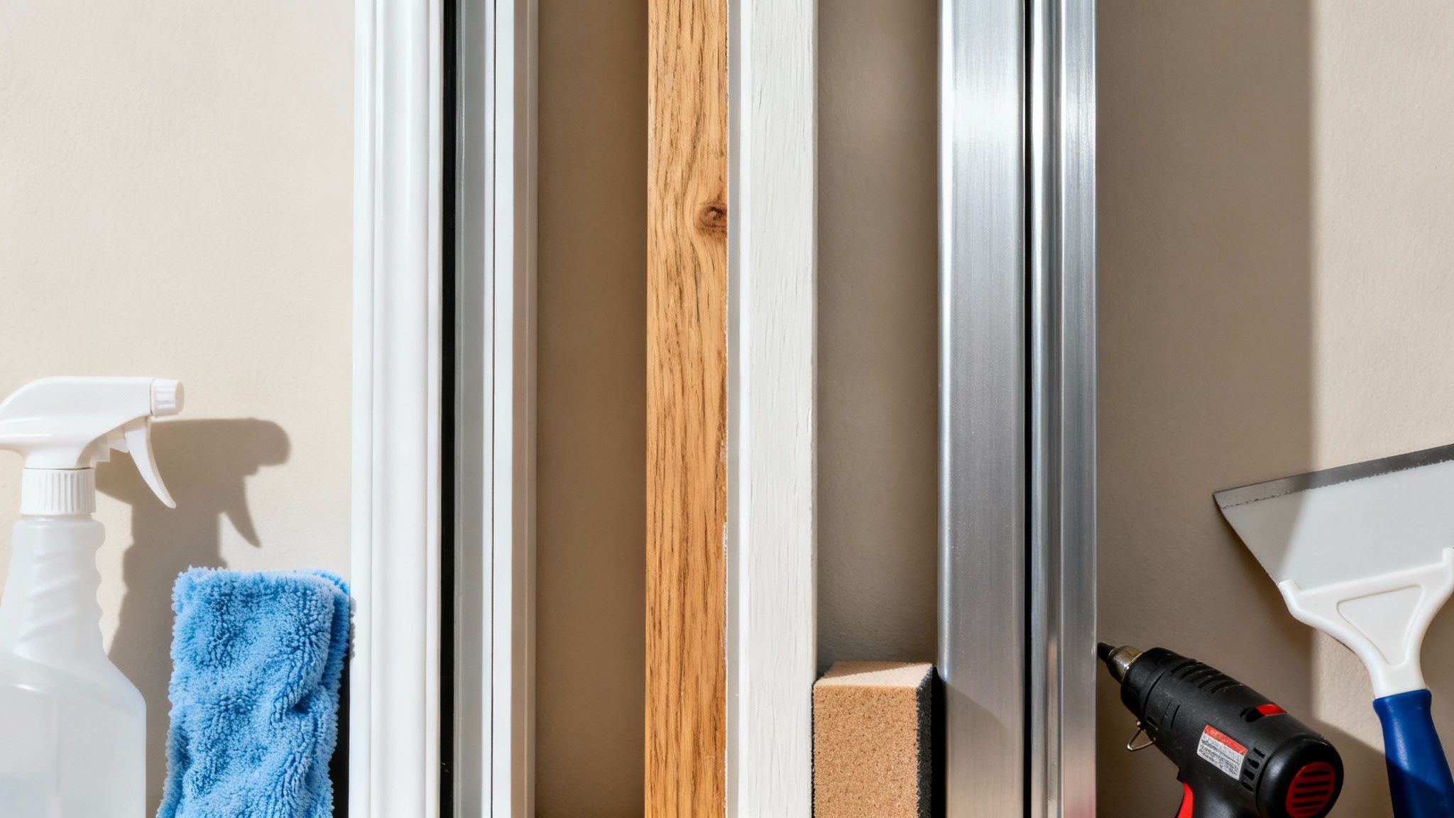 A collection of tools and materials for window renovation, including a spray bottle, cloth, trim, heat gun, and scraper.