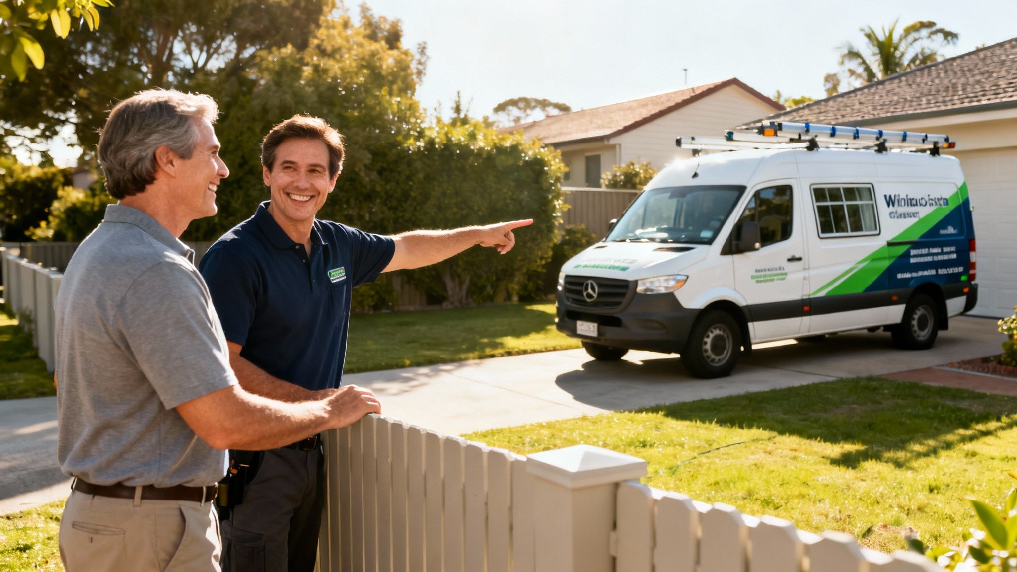 A smiling window cleaner points to his service van while talking to a happy homeowner.