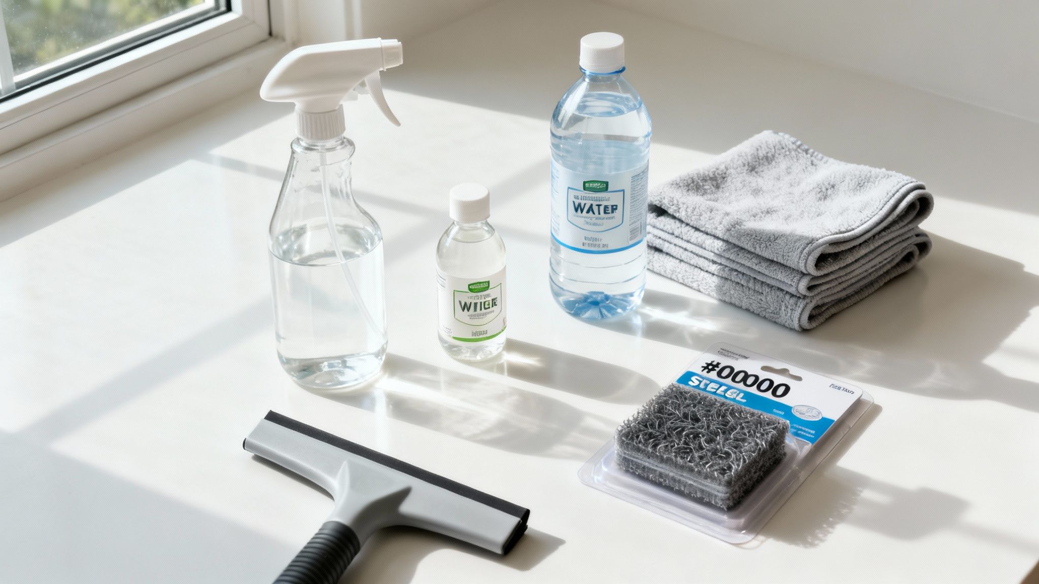 Cleaning supplies including spray bottle, vinegar, water, towels, squeegee and sponge for window cleaning