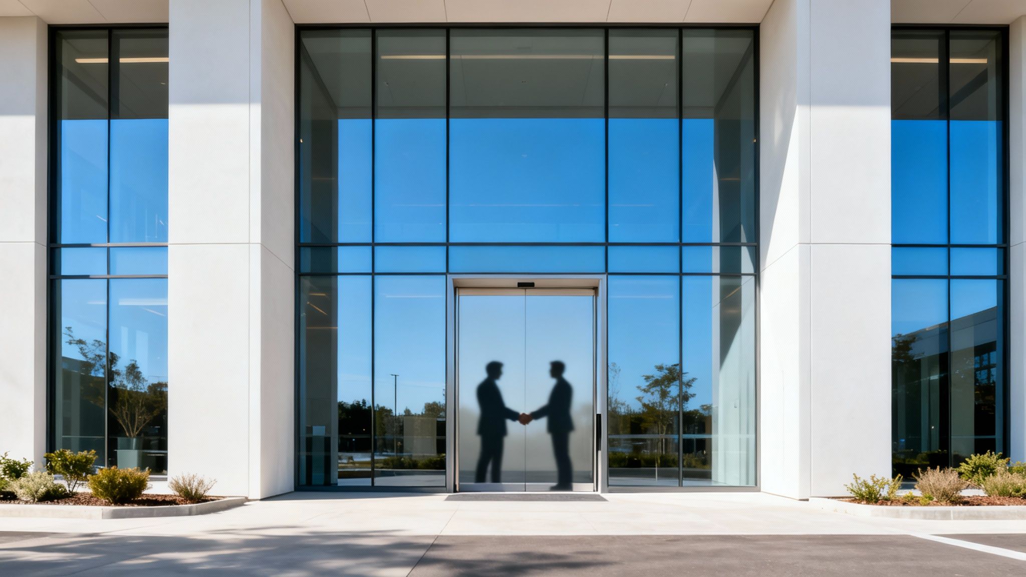 A modern glass commercial building facade with two silhouetted men shaking hands inside.