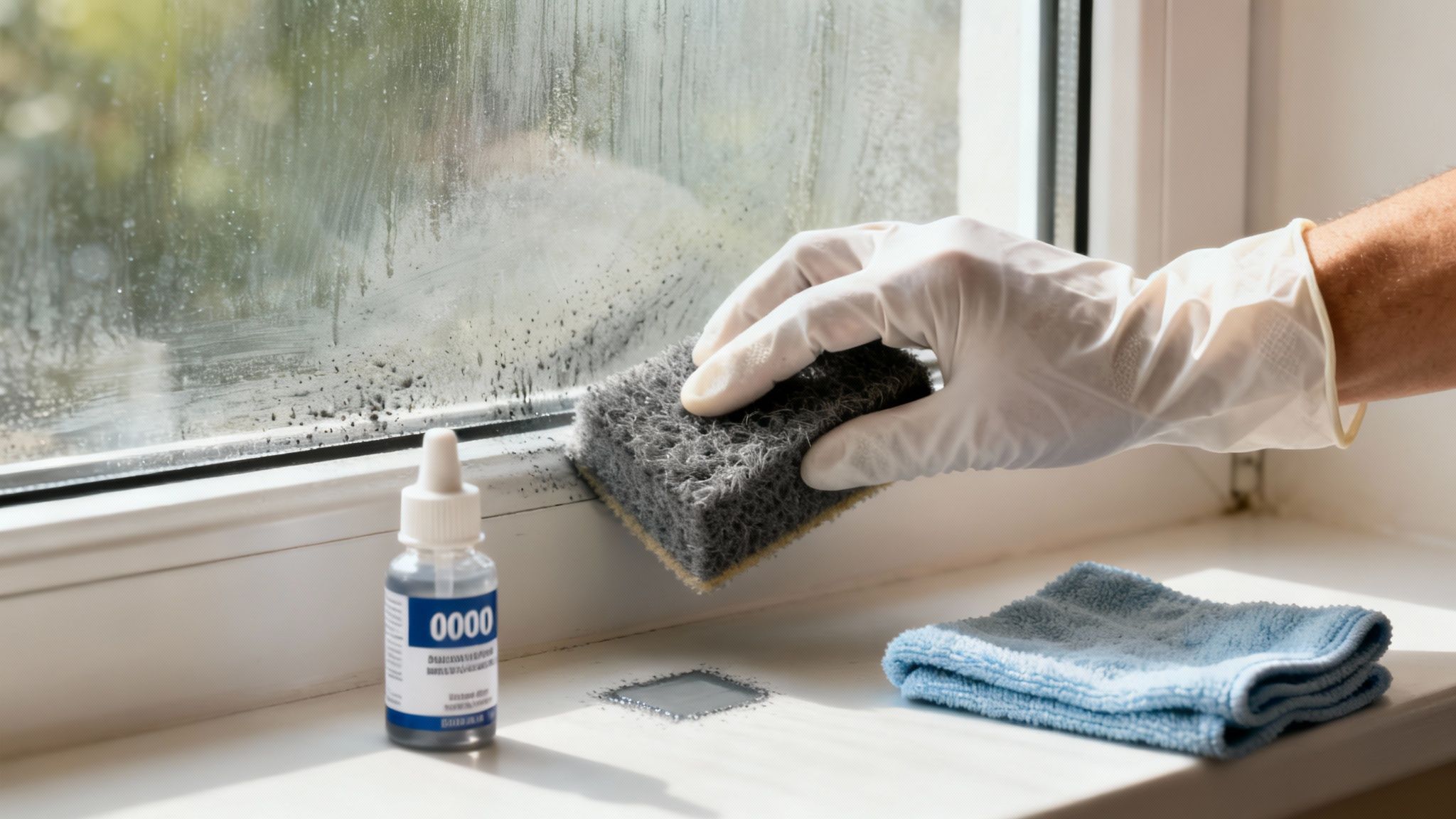 Gloved hand scrubbing a heavily molded window with a sponge, cleaning solution bottle nearby.