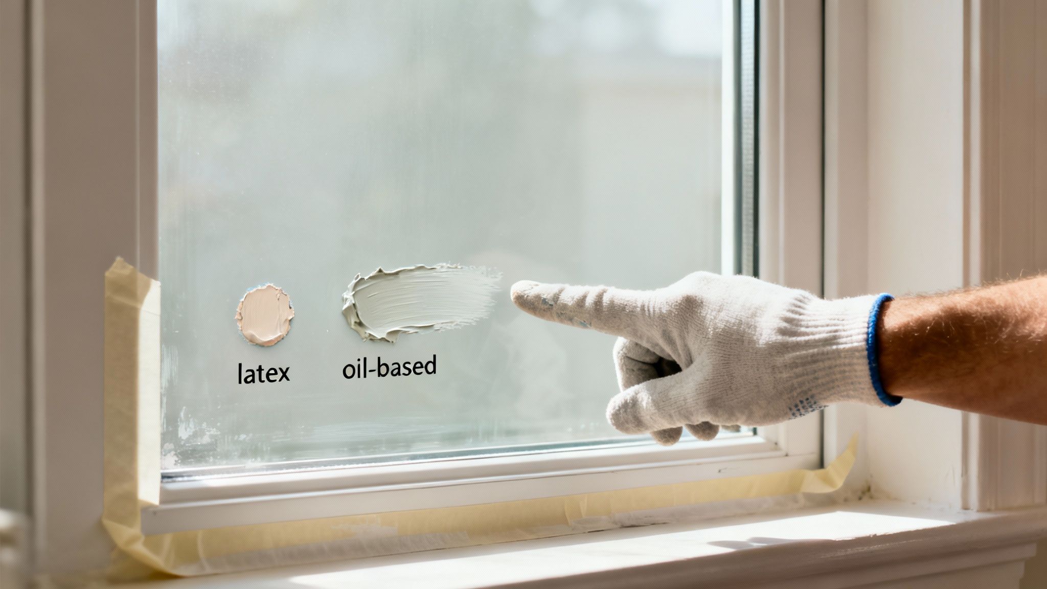 Gloved hand pointing at oil-based paint on a window, next to latex paint, demonstrating paint types.